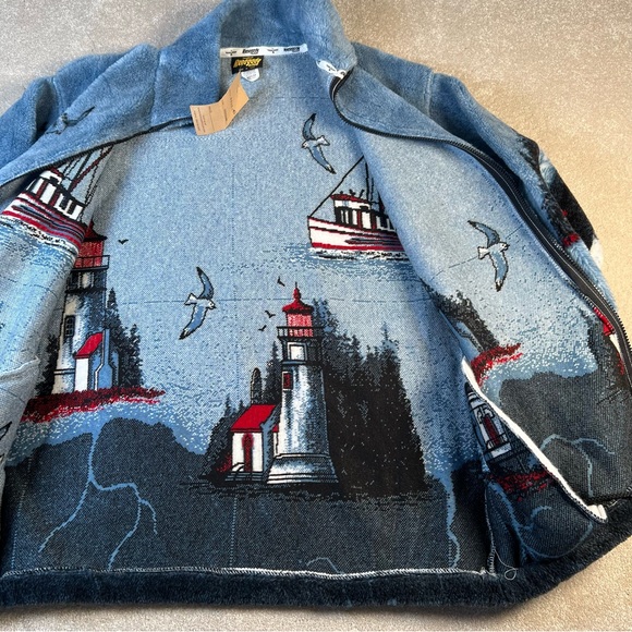 Vintage Coastal Cardigan Sweater Jacket Fleece Zip Up Lighthouse Made in USA Med - Picture 4 of 12